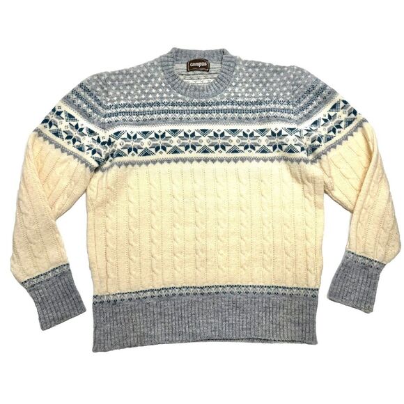 Campus Ski Sweater S Cable Knit Nordic Fair Isle Snowflake Gray USA Vintage 70s - Picture 1 of 8